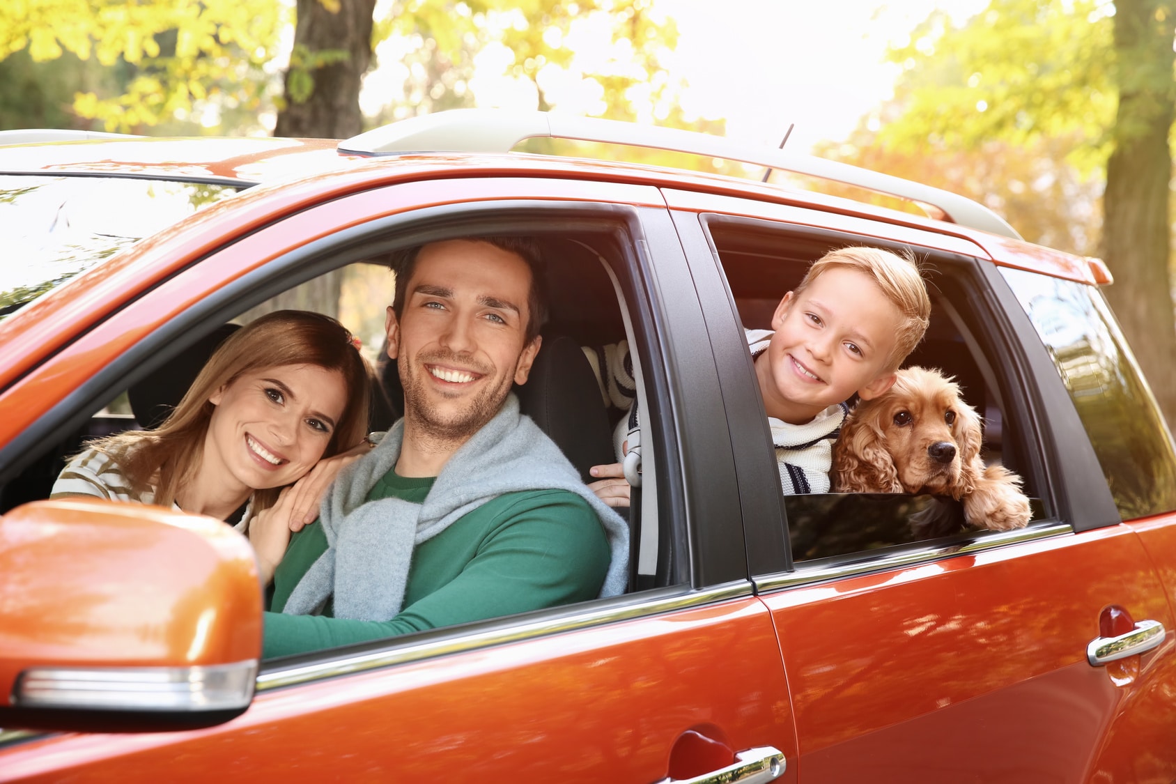 Young family with dog in car